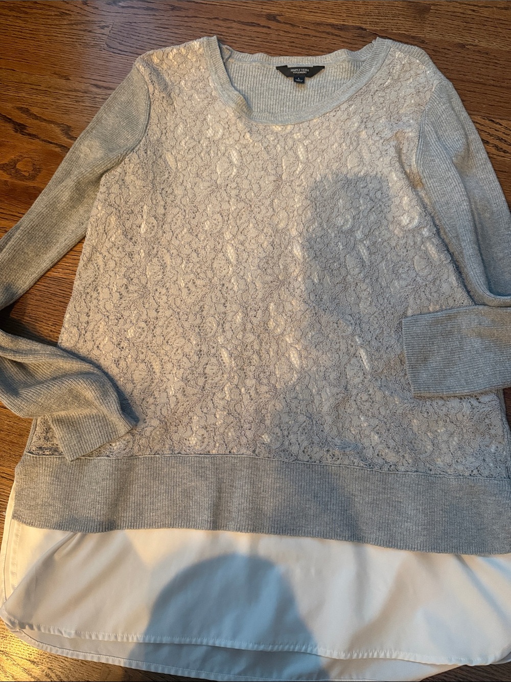 Simply Vera verawang grey lace sweater with attached blouse under sz large